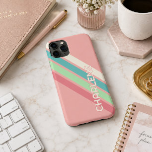 Custom Teal Blue Aqua Coral Lime Green Stripes iPhone 11 Pro Max Case