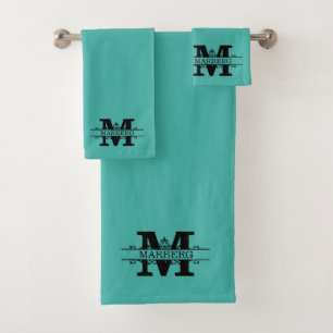 Custom Teal Blue Fancy Monogram Bath Towel Set