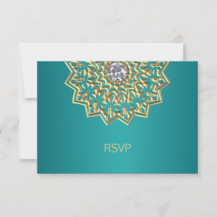 Custom Teal Blue Gold Indian Mandala RSVP Wedding