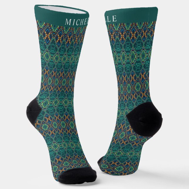 Custom Teal Blue Green  Aztec Pattern Socks (Angled)