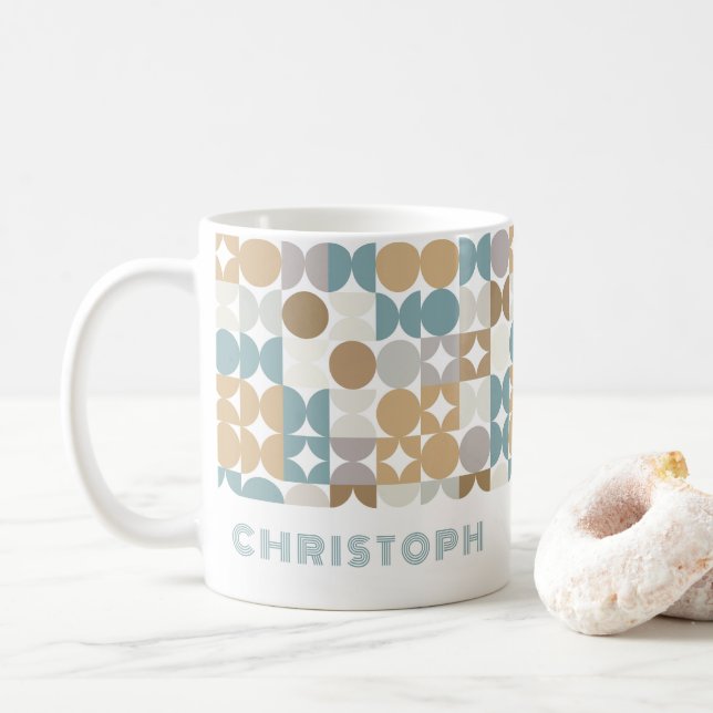 Custom Teal Blue Green Taupe Beige Hip Art Pattern Coffee Mug (With Donut)