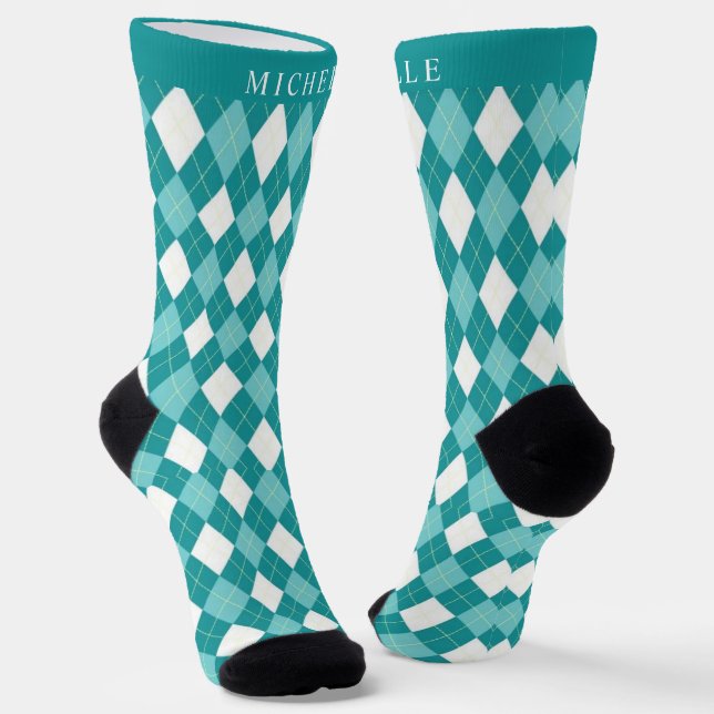 Custom Teal Blue Green White Argyle Pattern Socks (Angled)