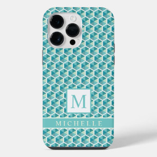 Custom Teal Blue Green White Heptagon Geometric  iPhone 14 Pro Max Case