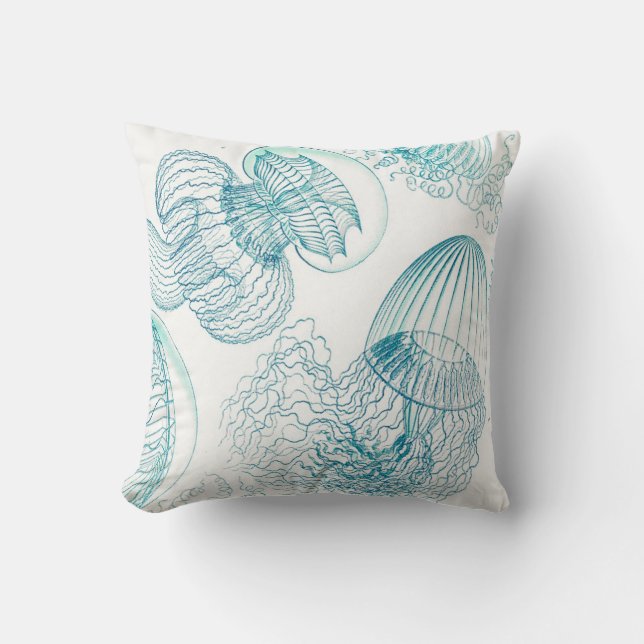 Custom Teal Blue Jellyfish Costal Beach Watercolor Cushion (Front)