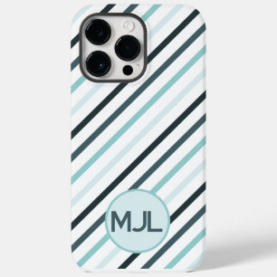 Custom Teal Blue Monogram & Stripes Case-Mate iPhone 14 Pro Max Case