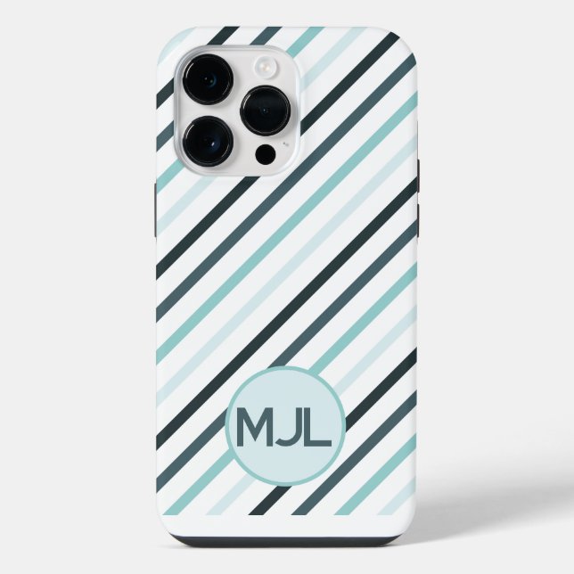 Custom Teal Blue Monogram  & Stripes iPhone Case (Back)
