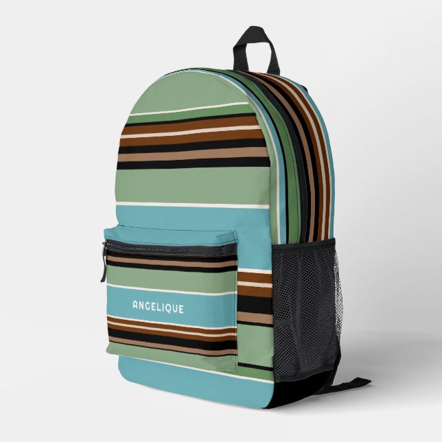 Custom Teal Blue Sage Green Brown Ivory Stripes Printed Backpack (Back Corner Right)