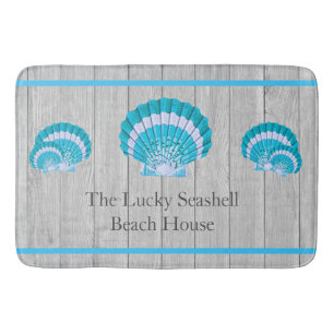 Custom Teal Blue Seashell White Shell Coastal Grey Bath Mat