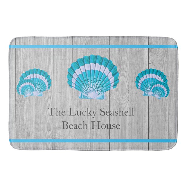 Custom Teal Blue Seashell White Shell Coastal Grey Bath Mat (Front)