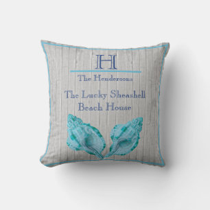 Custom Teal Blue Seashell White Shell Coastal Grey Cushion