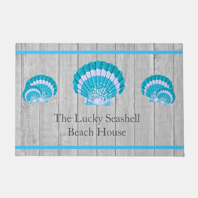 Custom Teal Blue Seashell White Shell Coastal Grey Doormat (Front)