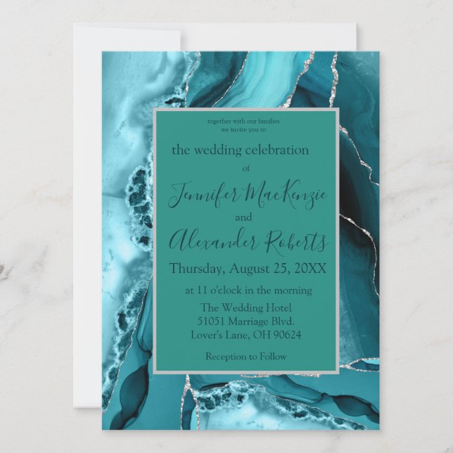 Custom Teal Blue Silver Agate Wedding Invitations (Front)