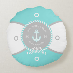 Custom Teal Blue White Anchor Life Ring Nautical Round Cushion
