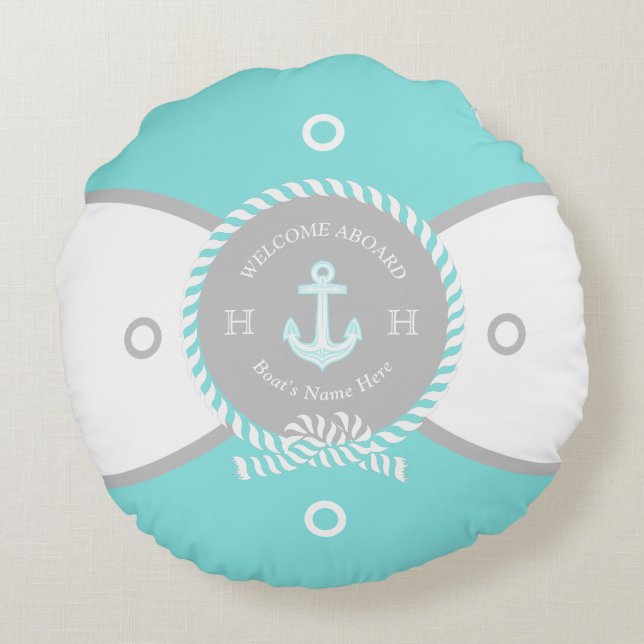 Custom Teal Blue White Anchor Life Ring Nautical Round Cushion (Back)