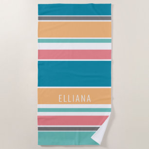 Custom Teal Blue Yellow Blush Pink White Stripes Beach Towel