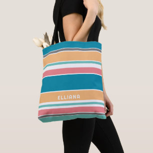 Custom Teal Blue Yellow Blush Pink White Stripes Tote Bag