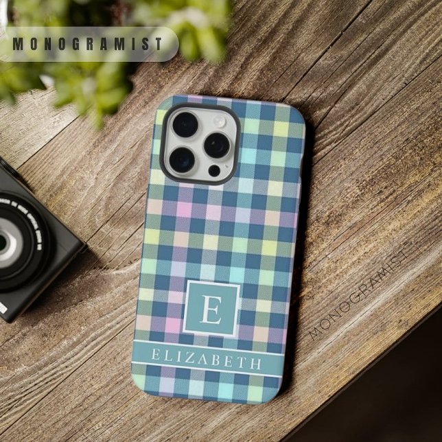 Custom Teal Blue Yellow Pink Chequered Pattern iPhone Case (Custom Teal Blue Yellow Pink Checkered Pattern iPhone Case)