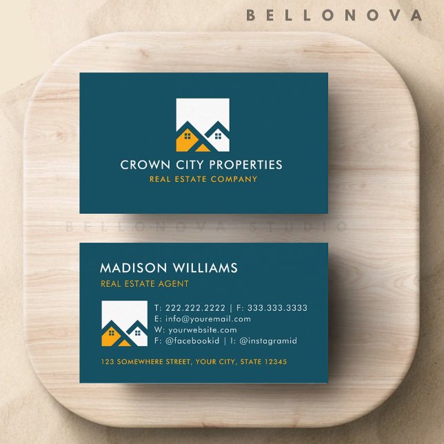 Custom Teal Green White Yellow Real Estate Agent Business Card (Custom Teal Green White Yellow Real Estate Agent Business Card)