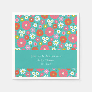 Custom Teal Pink Retro Floral Spring Baby Shower Napkin
