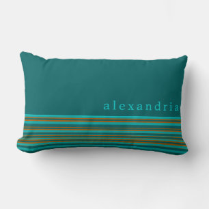 Custom Teal Turquoise & Orange Stripe   Name Lumbar Cushion