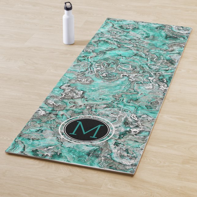 Custom Teal Turquoise Silver Grey Agate Pattern Yoga Mat (In Situ)