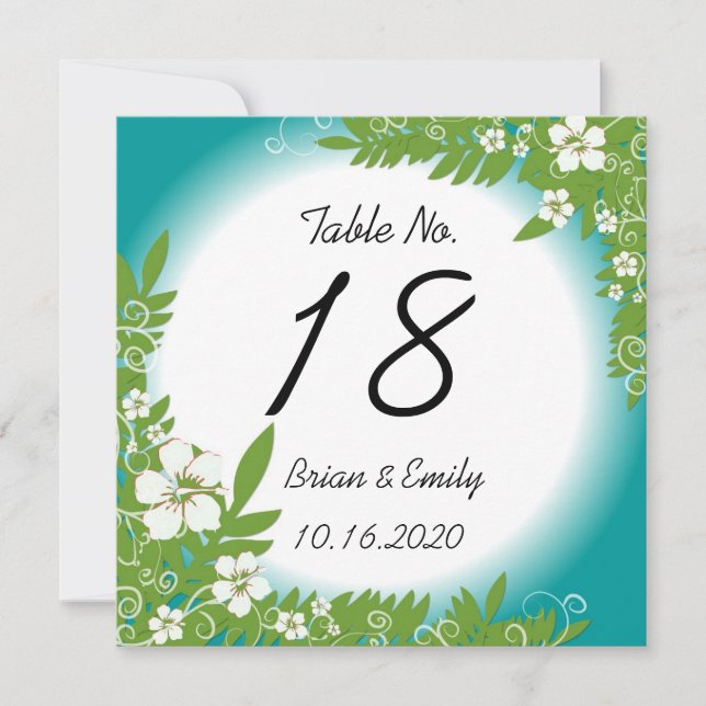 Custom teal white hibiscus table wedding cards (Front)
