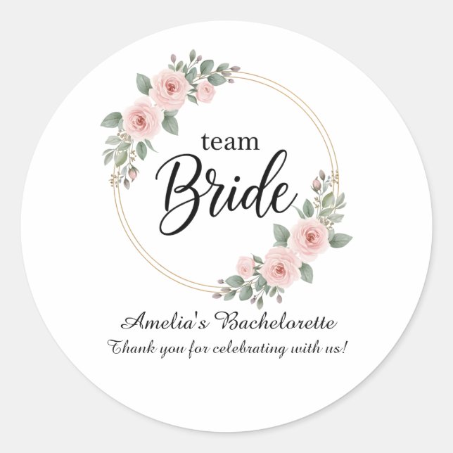 Custom Team Bride Bachelorette Pink Floral Gold Classic Round Sticker (Front)