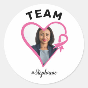 Custom Team Support Pink Ribbon Heart Photo Classic Round Sticker