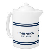 Custom teapot with nautical anchor and navy stripe (Left)