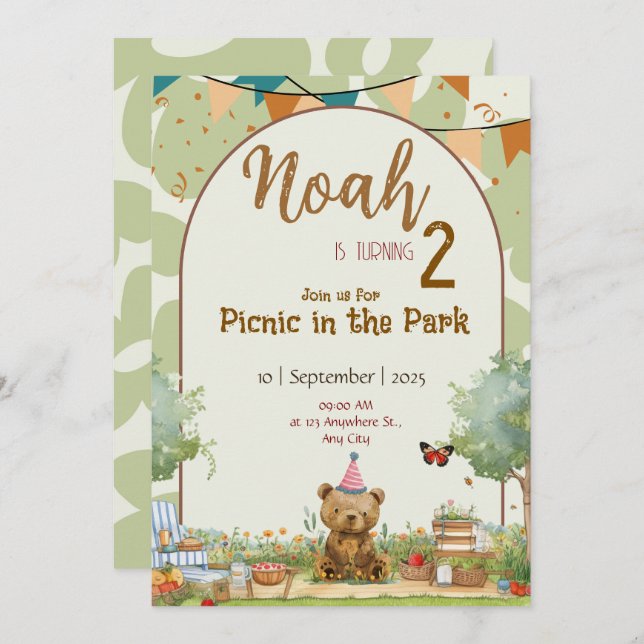 Custom Teddy Bear Picnic Birthday Invitation (Front/Back)