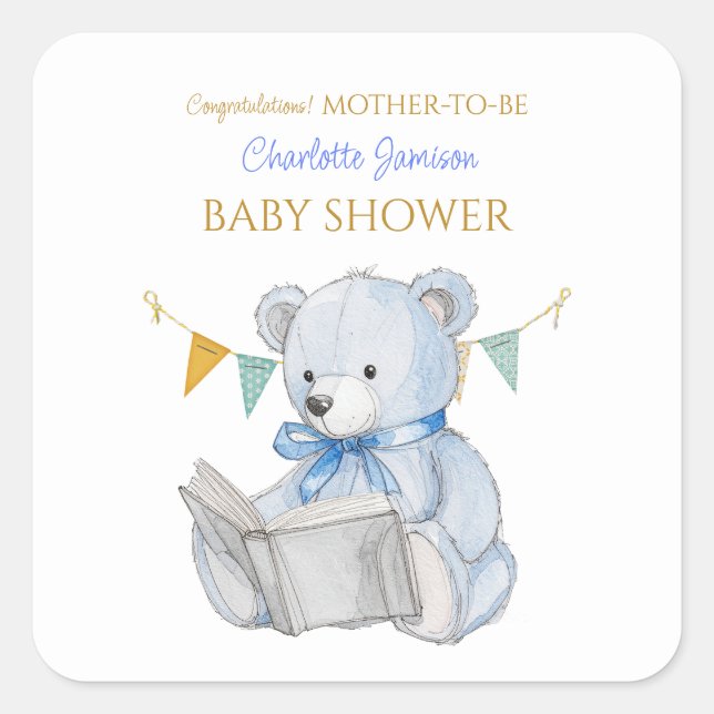 Custom Teddy Bear reading a book Congratulations Square Sticker (Front)