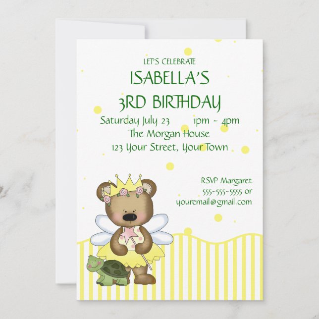 Custom Teddy Bear Yellow Fairy Princess Invitation (Front)