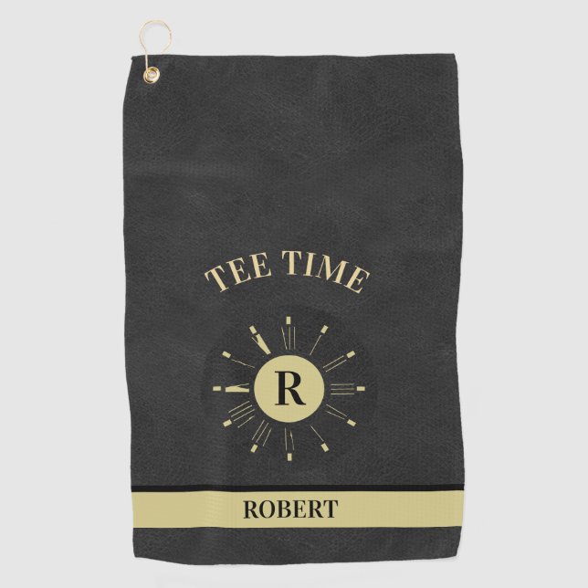 Custom Tee Time Clock Faux Leather Monogram Name Golf Towel (Front)