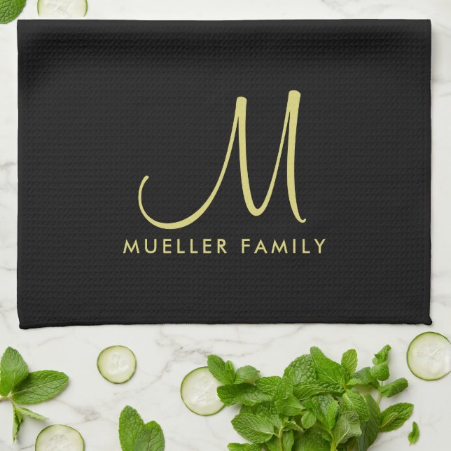 Custom Template Black Gold Monogram Family Name Tea Towel (Folded)