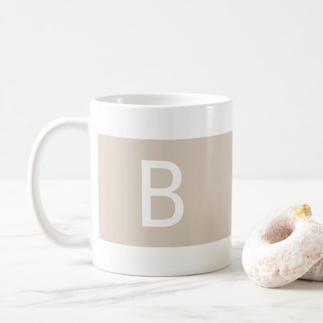 Custom Template Initial Modern Monogram Tan White Coffee Mug (With Donut)