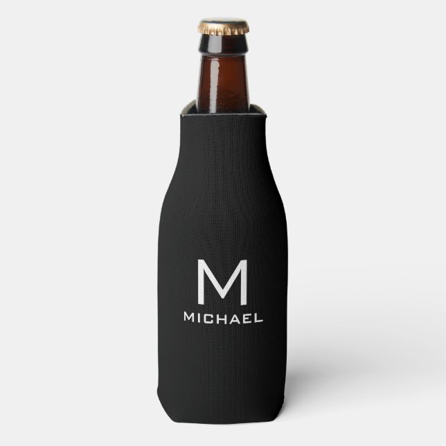 Custom Template Modern Black And White Monogram Bottle Cooler (Bottle Front)