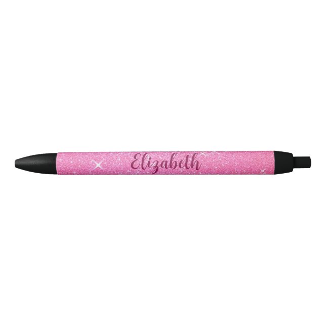 Custom Template Name Text Cute Pink Glitter Look Black Ink Pen (Front)