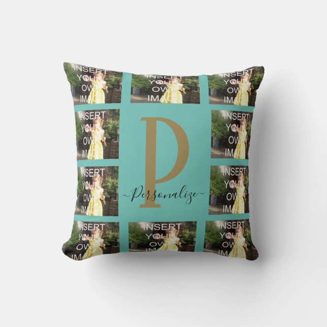 Custom Ten Photo Collage Monogram Throw Pillow (Front)