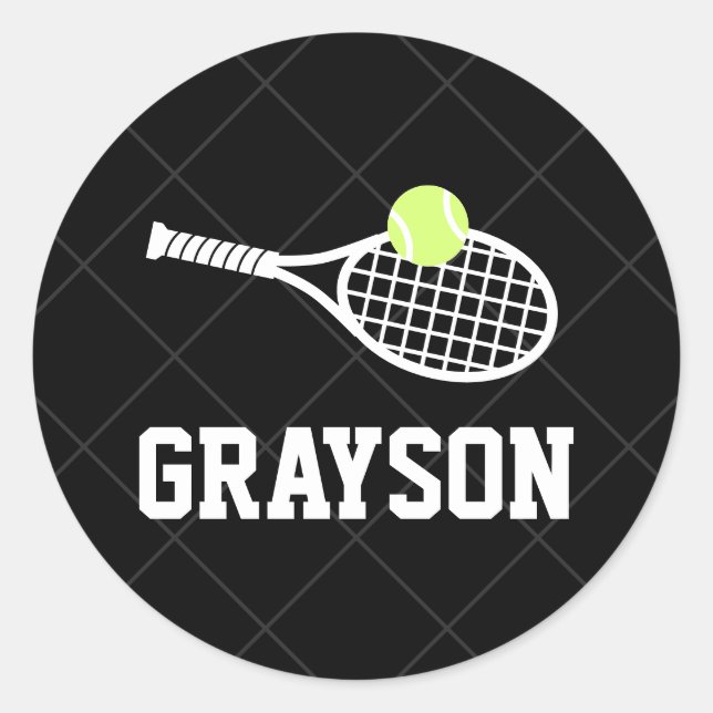 Custom Tennis Ball Racket Logo Black Name Classic Round Sticker (Front)