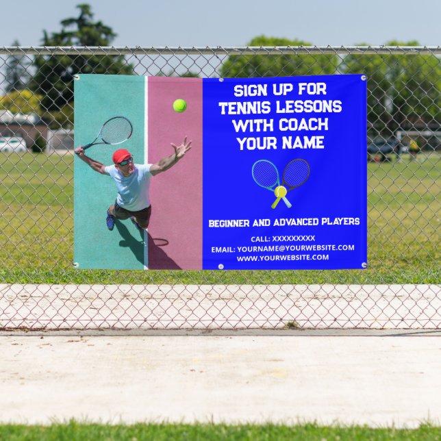 Custom Tennis Coach Coaching Class Lessons Blue Banner (Insitu)
