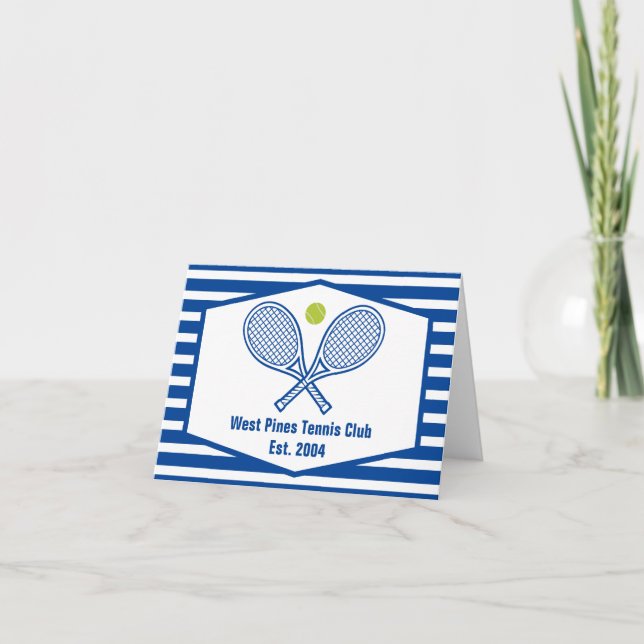 Custom Tennis Country Club Blue Striped Note Card (Front)