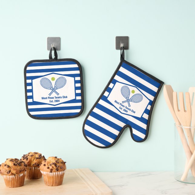 Custom Tennis Country Club Blue Striped Oven Mitt & Pot Holder Set (Insitu(Hanging))