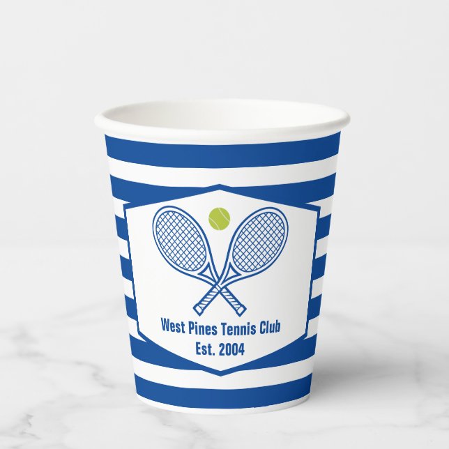 Custom Tennis Country Club Blue Striped Paper Cups (Front)