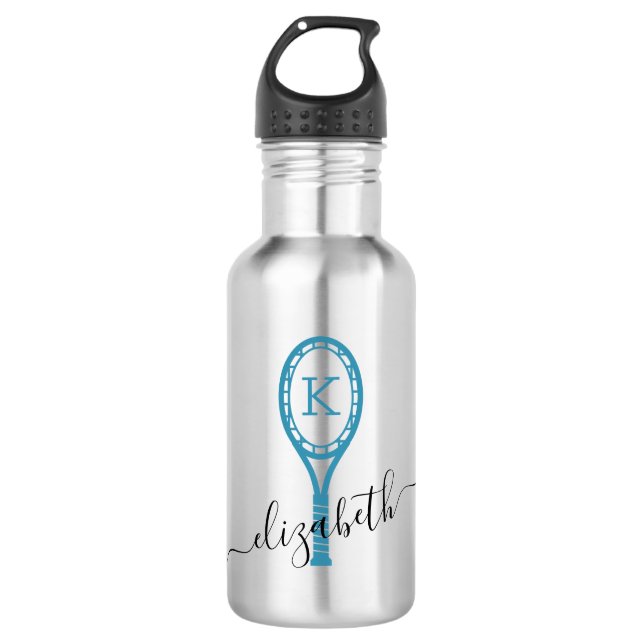 Custom Tennis Personalised Water Bottle White Blue (Front)