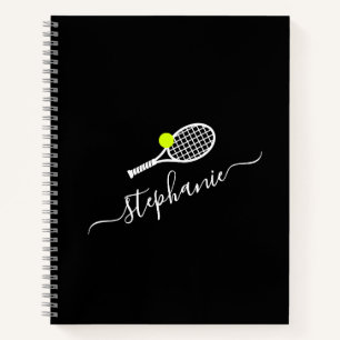 Custom Tennis Racket Monogram Name Black Notebook