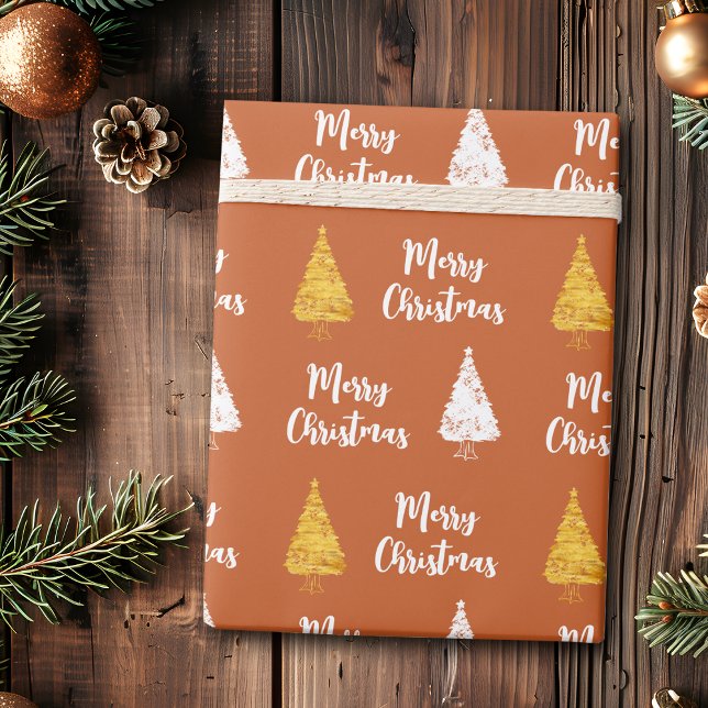 Custom Terracota White Golden Christmas Tree Wrapping Paper (Creator Uploaded)