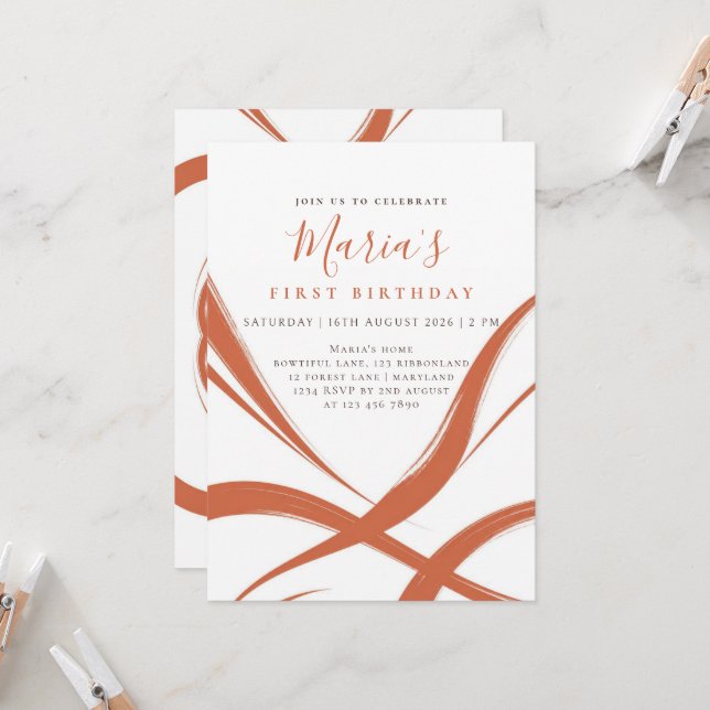 Custom Terracotta Abstract Wave First Birthday Invitation (Front/Back In Situ)