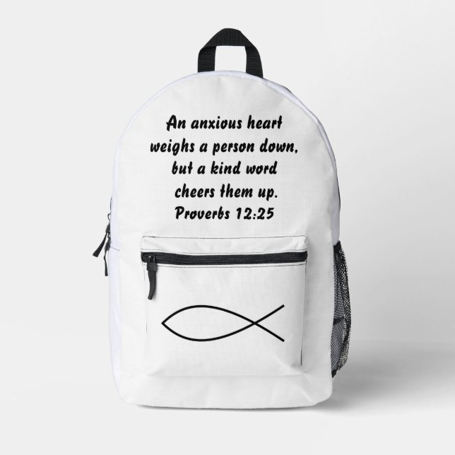 Custom Text And Christian Fish Proverbs 12:25 Printed Backpack (Front)