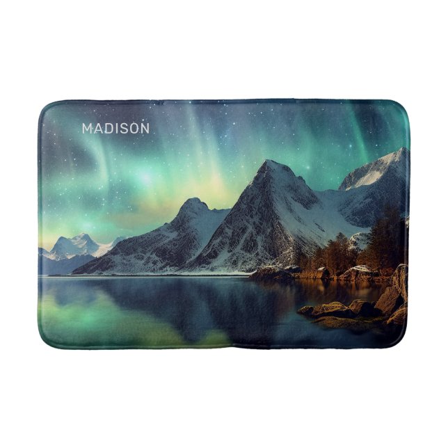 Custom Text Aurora Borealis Bath Mat (Front)
