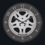 Custom Text Automobile Wheel & Tire Large Clock<br><div class="desc">This unique clock displaying a generic tire and alloy wheel is perfect for an automotive garage, a tire store, a man cave, or for the wall of any auto enthusiast. Add your garage name or other text using the easy Zazzle template. Be sure to scroll down and select the size...</div>